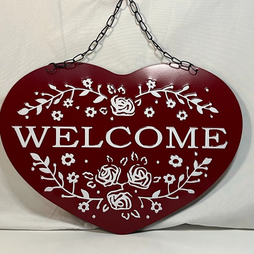 Heart Welcome Sign Embossed Metal Valentines Day Decor Hanger Red & White 9”x13”